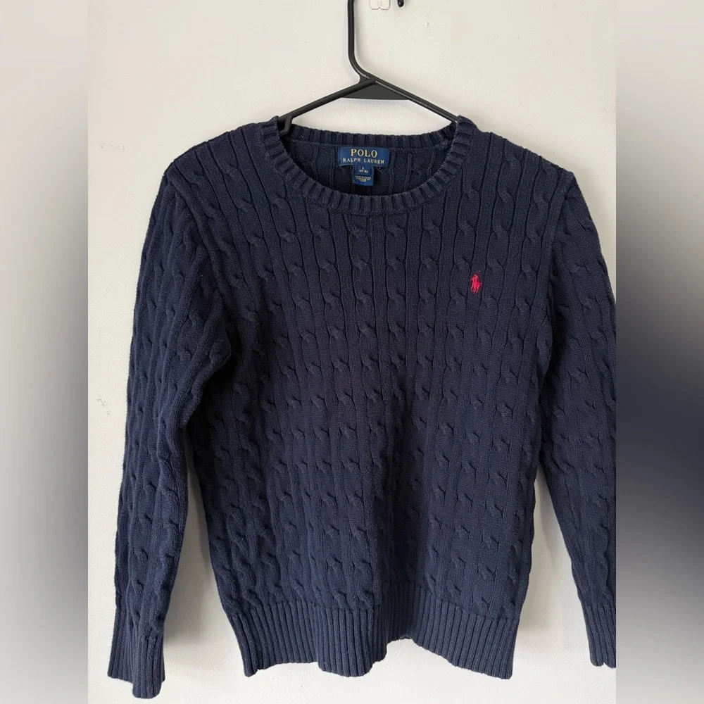 Polo Ralph Lauren Kids Cable Knit Cotton Navy Blue Sweater Size L 14 16 Unisex